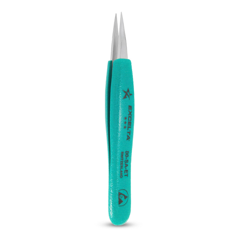 Excelta 00-SA-ET Stainless Steel Precision Tweezers, Straight Medium Point, Anti-Magnetic, ESD-Safe, Heat-Resistant, Anti-Static, Ergonomic, Professional-Grade for Lab, Electronics, Medical & Crafting 5" Straight Strong Point
