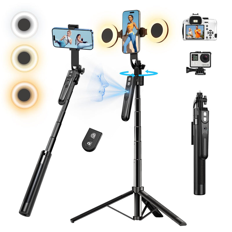 Auto Face Tracking Tripod with 360 Rotation Stand, 70.9" Ai Motion Tracking, Selfie Stick Rotation with Remote, Motion Sensor Phone Stand, for Vlog/Live Stream/Video Recording