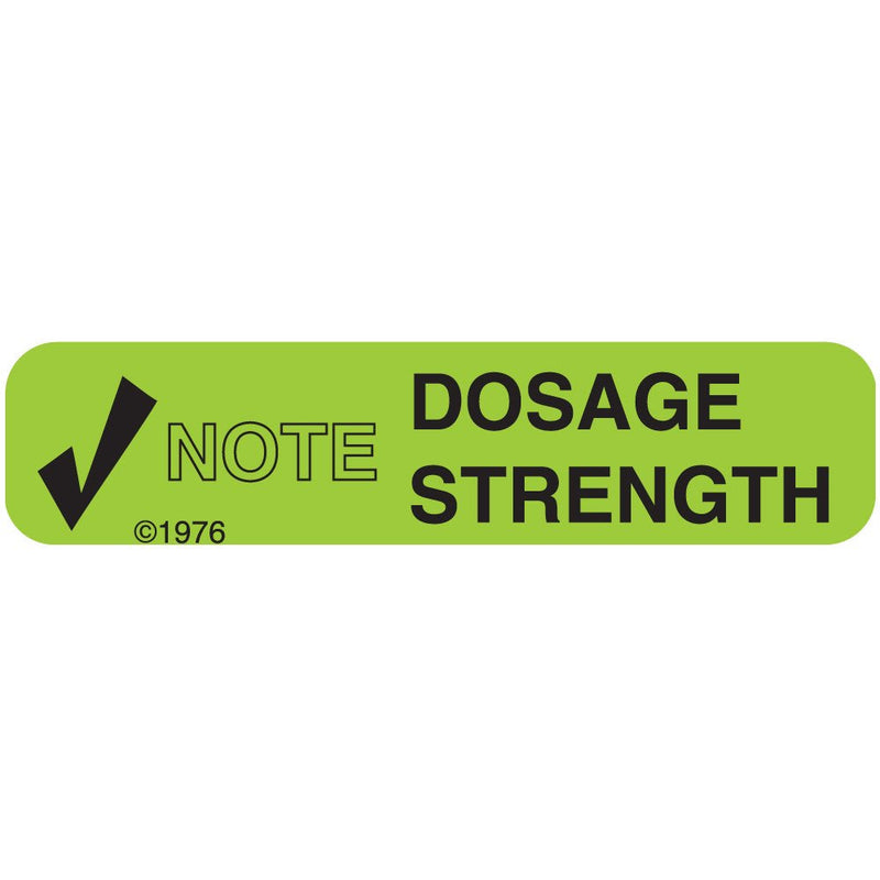 1-53G Permanent Paper Label, "Note DOSE Strength", 1 9/16" x 3/8", Green (500 per Roll, 2 Rolls per Box)
