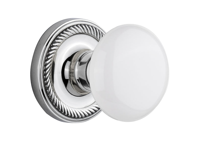 Nostalgic Warehouse Rope Rosette with White Porcelain Knob, Privacy - 2.375", Bright Chrome Privacy - 2.375"