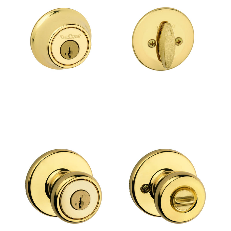 Kwikset 690 Tylo Entry Knob and Single Cylinder Deadbolt Combo Pack featuring SmartKey® in Polished Brass, Key Lock Old Latch