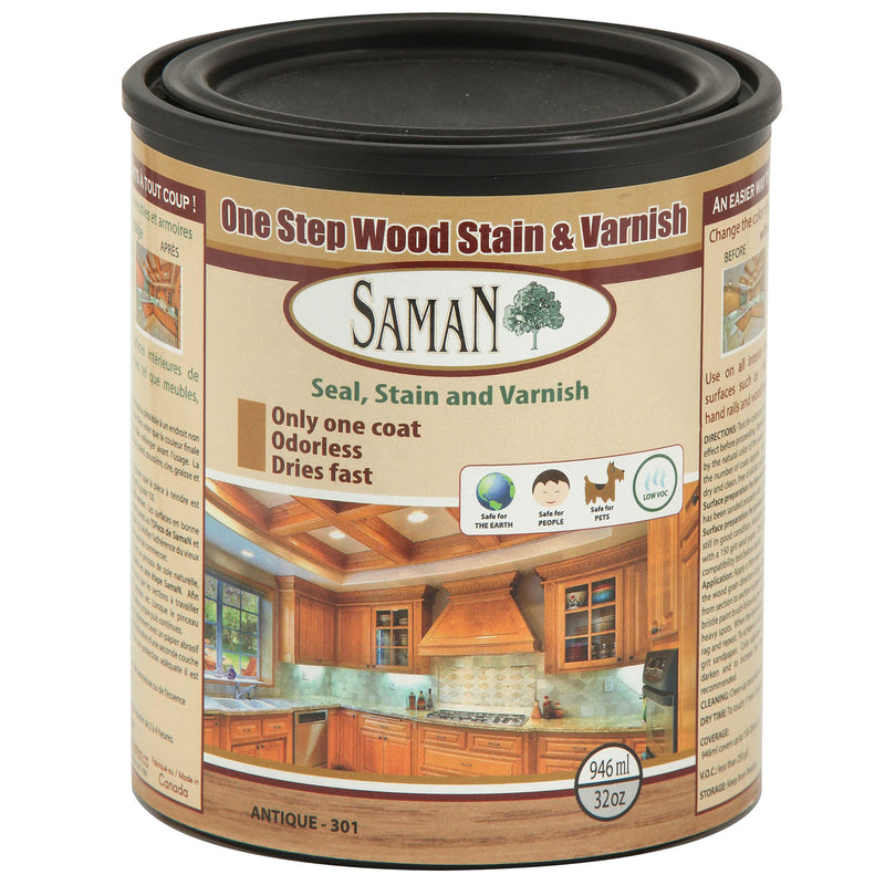SamaN Interior One Step Wood Seal, Stain and Varnish –Oil Based Odorless Dye - Protection for Furniture and Fine Wood (Antique SAM-301, 32 oz) 1 Quart Antique