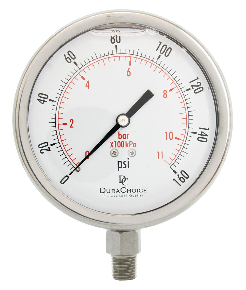 4" All Stainless Steel Oil Filled Pressure Gauge - 1/4" NPT Lower Mount 160PSI ['0-160PSI']