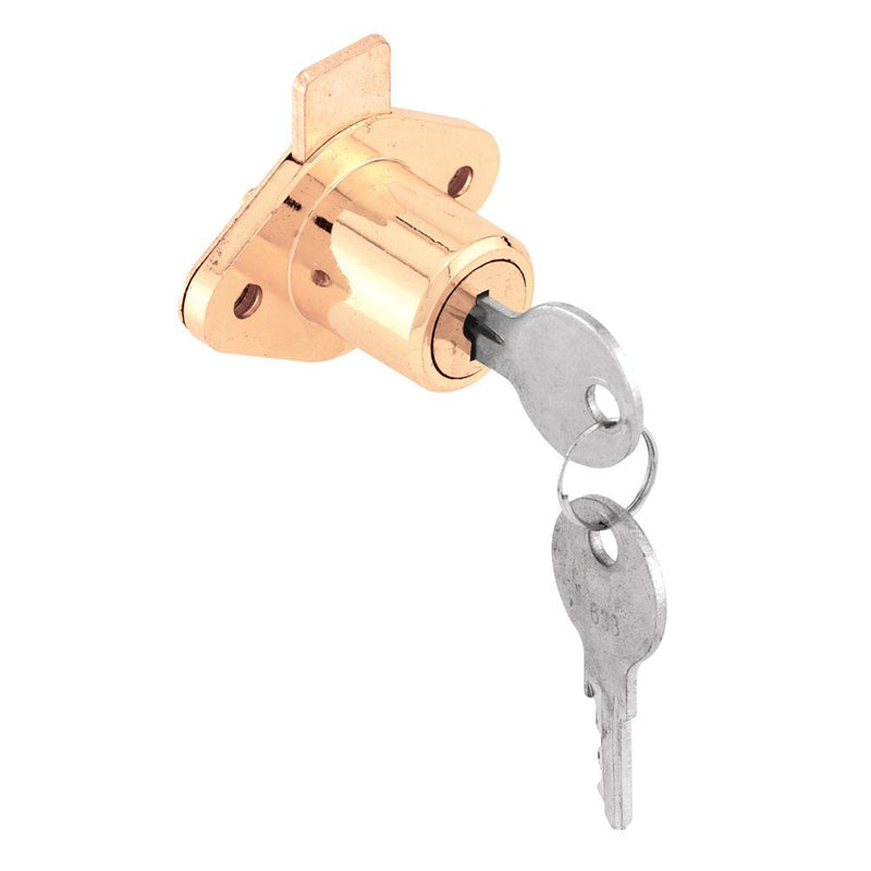 Prime-Line U 9947 Diecast Drawer and Cabinet Lock, Fits 7/8 Inch Max Panel Thickness, Brass Plated, Set of 1 1 Count (Pack of 1)