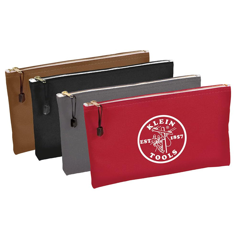 Klein Tools 5141 Zipper Tool Bag, Canvas Zipper Bag, Tool Pouch, Tool Bag, Utility Bag, Bank Deposit Bag, 12.5 x 7-Inch, Brown/Black/Gray/Red 4-Pack Red, Gray, Black, Brown