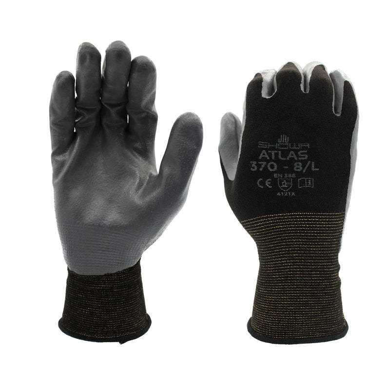 SHOWA Atlas 370B Professional Nitrile Work Gloves,for Landscaping, Gardening & Assembly, General Purpose Gloves 12-pack Black Medium