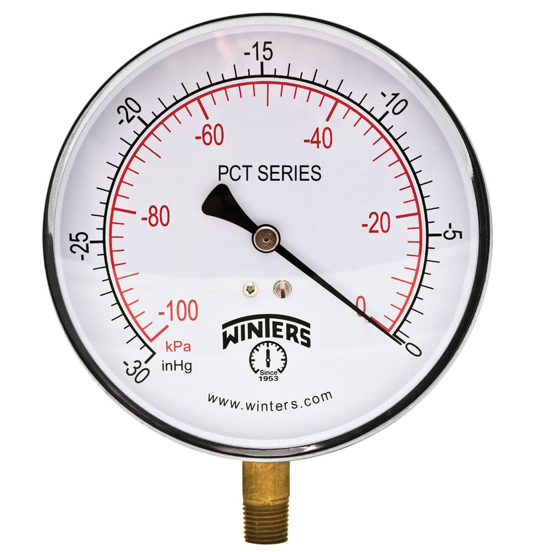 Winters PCT Series Stainless Steel 304 Dual Scale Contractor Pressure Gauge, 30"Hg Vacuum/kpa, 4-1/2" Dial Display, +/-1% Accuracy, 1/4" NPT Bottom Mount