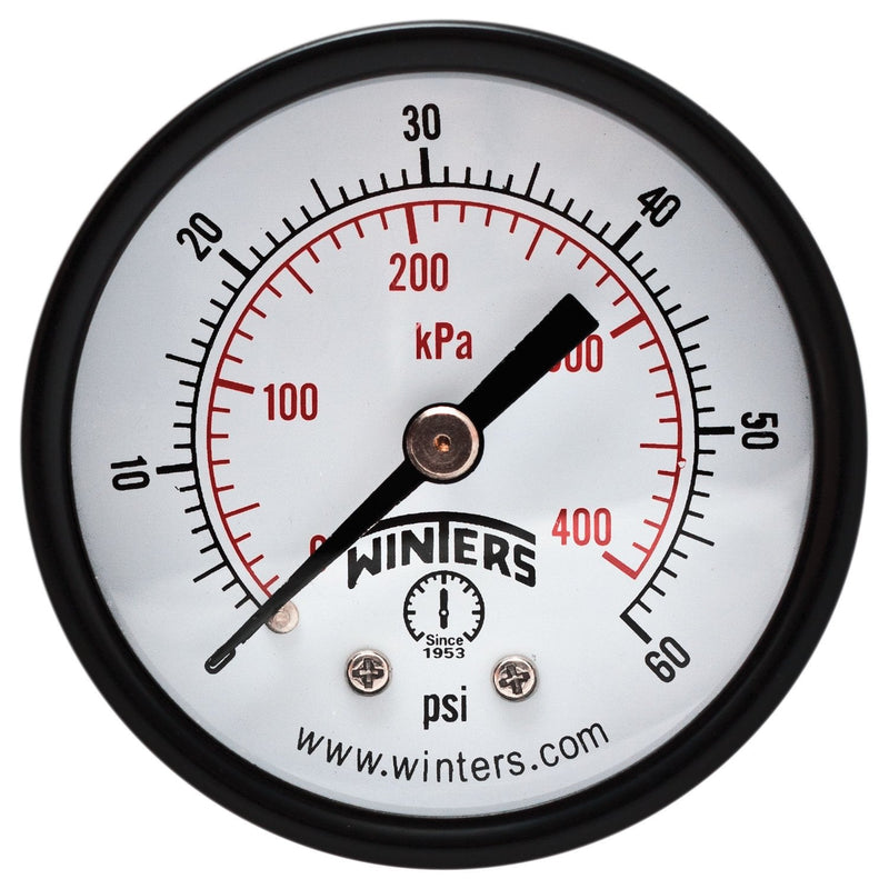 Winters 2 inch Dial Size, Multi Function Application Economy Utility Dry Pressure Gauge, Brass Internals, Steel Case, Dual Scale 0-60 psi/kPa, 3-2-3% Accuracy, 1/4 inch NPT Back Mount, Pressure Gauge 0/60 PSI/KPA