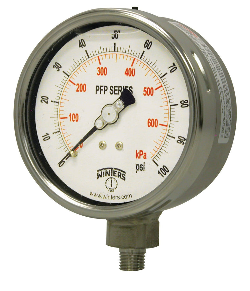 Winters PFP Series Premium Stainless Steel 304 Dual Scale Liquid Filled Pressure Gauge, 0-1000 psi/kpa, 2-1/2" Dial Display, +/-1.5% Accuracy, 1/4" NPT Bottom Mount