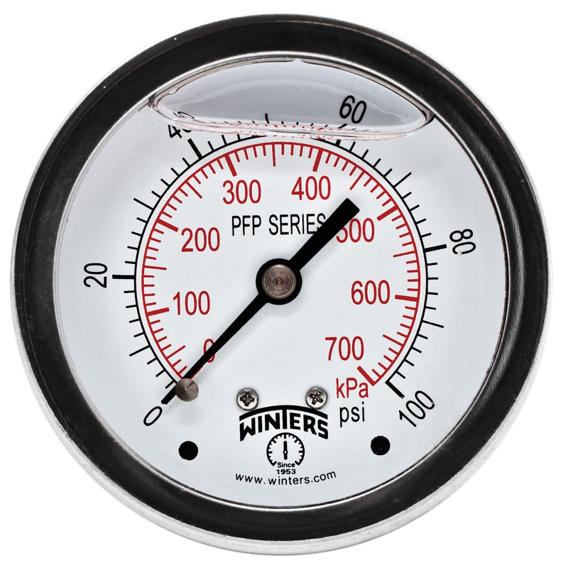 Winters PFP Series Premium Stainless Steel 304 Dual Scale Liquid Filled Pressure Gauge, 0-100 psi/kpa, 2-1/2" Dial Display, +/-1.5% Accuracy, 1/4" NPT Back Mount