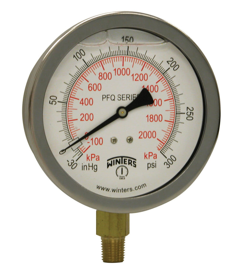Winters 4" Dial Size, Liquid Filled Industrial Pressure Gauge, Brass Internals, Stainless Steel Case, Dual Scale 30" Hg-0-300 psi/kPa, 1.5% Acc, 1/4" NPT Bottom Mount, Pressure and Vacuum Gauge