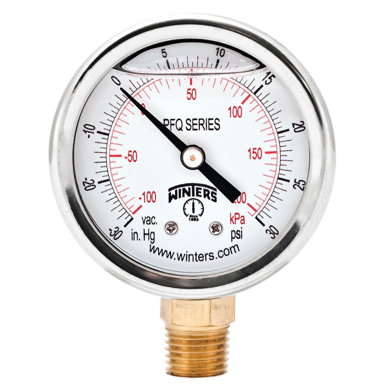 Winters 2-1/2" Dial Size, Liquid Filled Industrial Pressure Gauge, Brass Internals, 304 Stainless Steel Case, Dual Scale 30" Hg-0-30 psi/kPa, 1.5% Acc, 1/4" NPT Bottom Mount, Pressure and Vacuum Gauge 30"/0/30 PSI/kPa