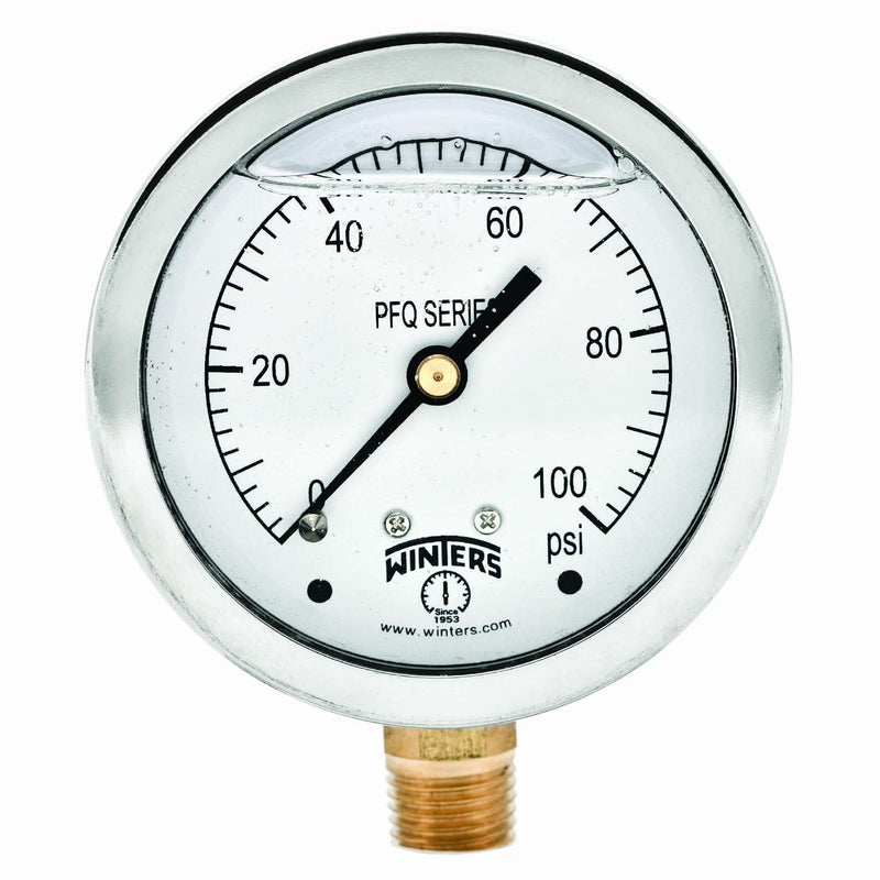 Winters 2-1/2" Dial Size, Liquid Filled Industrial Pressure Gauge, Brass Internals, 304 Stainless Steel Case, Single Scale 0-100 psi, 1.5% Acc, 1/4" NPT Bottom Mount, Glycerin Filled Pressure Gauge 0/100 PSI