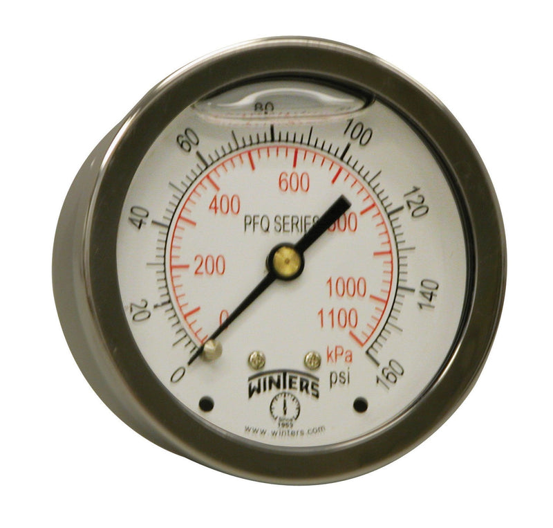 Winters 2-1/2" Dial Size, Liquid Filled Industrial Pressure Gauge, Brass Internals, 304 Stainless Steel Case, Dual Scale 0-160 psi/kPa, 1.5% Acc, 1/4" NPT Back Mount, Glycerin Filled Pressure Gauge 0/160 PSI/kPa