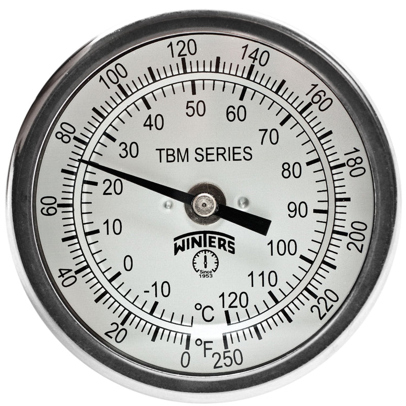 Winters TBM Series Stainless Steel 304 Dual Scale Bi-Metal Thermometer, 4" Stem, 1/2" NPT Fixed Center Back Mount Connection, 3" Dial, 0-250 F/C Range