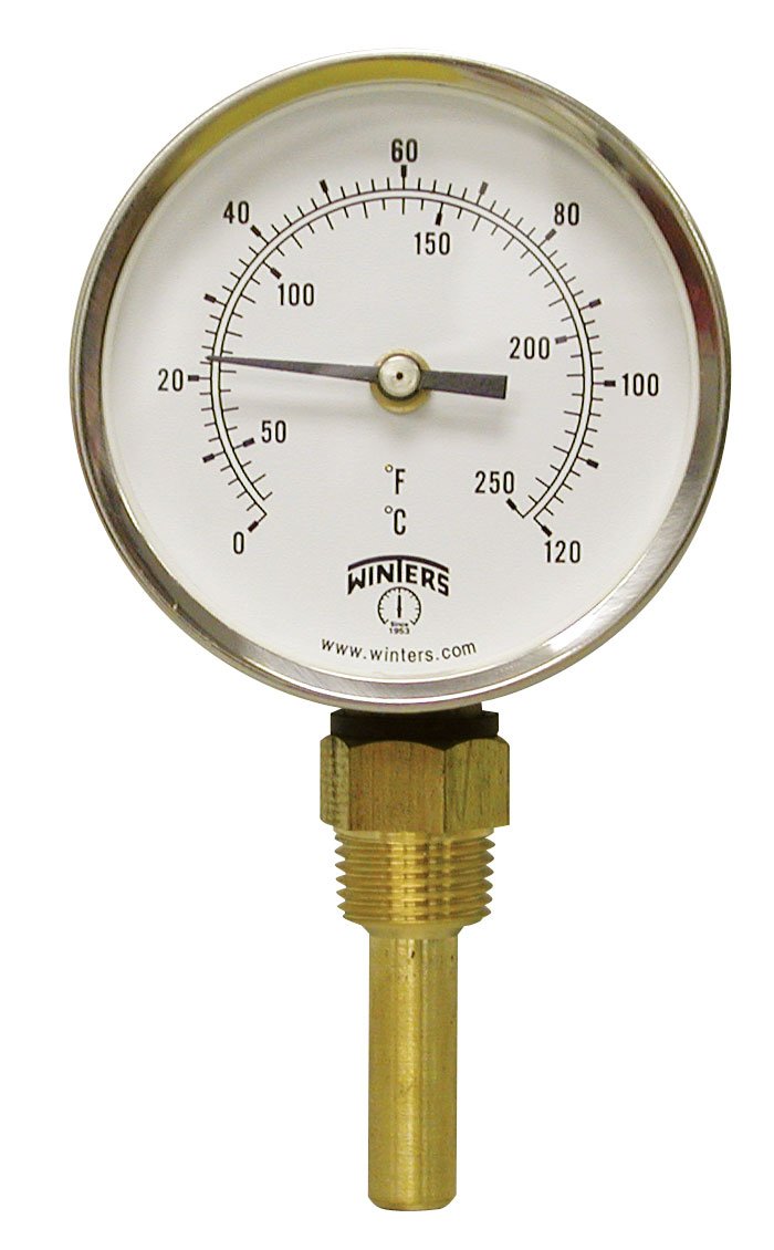 Winters TBT165 Dual Scale Steel HVAC Bi-Metal Thermometer, 2-7/16" Stem, 1/2" NPT Bottom Mount Connection, 3-1/2" Dial Display, 30-250 F/C Range