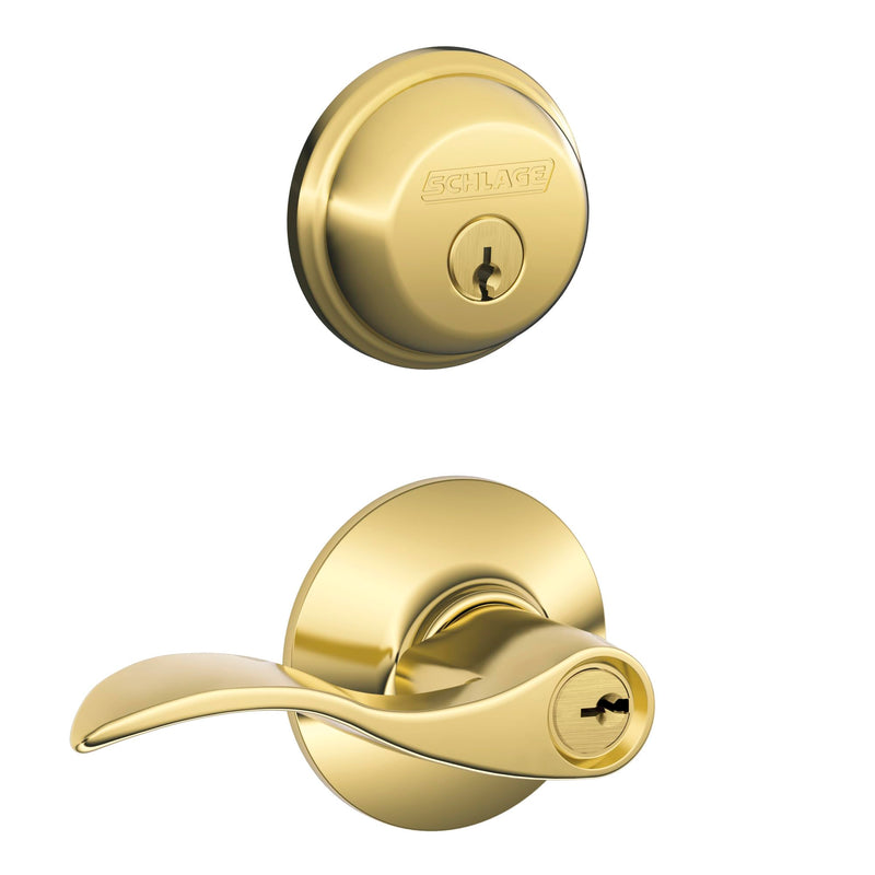 Schlage FB50 V Acc 505 605 Single Cylinder Deadbolt and Keyed Entry Accent Lever, Bright Brass Security Set_Accent Bright Brass Finish