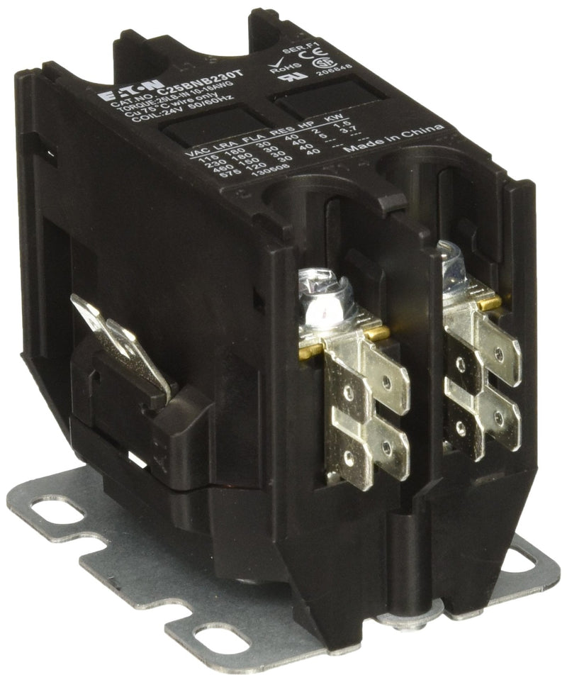 Eaton C25BNB230T Compact Definite Purpose Contactor, 30A Inductive Current Rating, 2 Max HP Rating at 115V, 5 Max HP Rating at 230V, 24VAC Coil Voltage