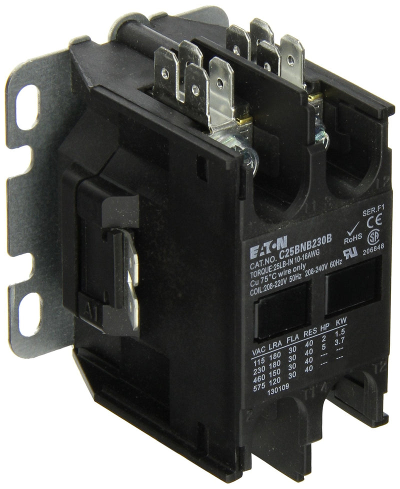 Eaton C25BNB230B Compact Definite Purpose Contactor, 30A Inductive Current Rating, 2 Max HP Rating at 115V, 5 Max HP Rating at 230V, 240VAC Coil Voltage