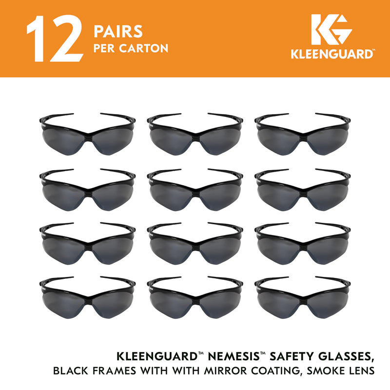 KleenGuard™ V30 Nemesis™ Safety Glasses (25688), with Mirror Coating, Smoke Lenses, Black Frame, Unisex Sunglasses for Men and Women (Qty 12)