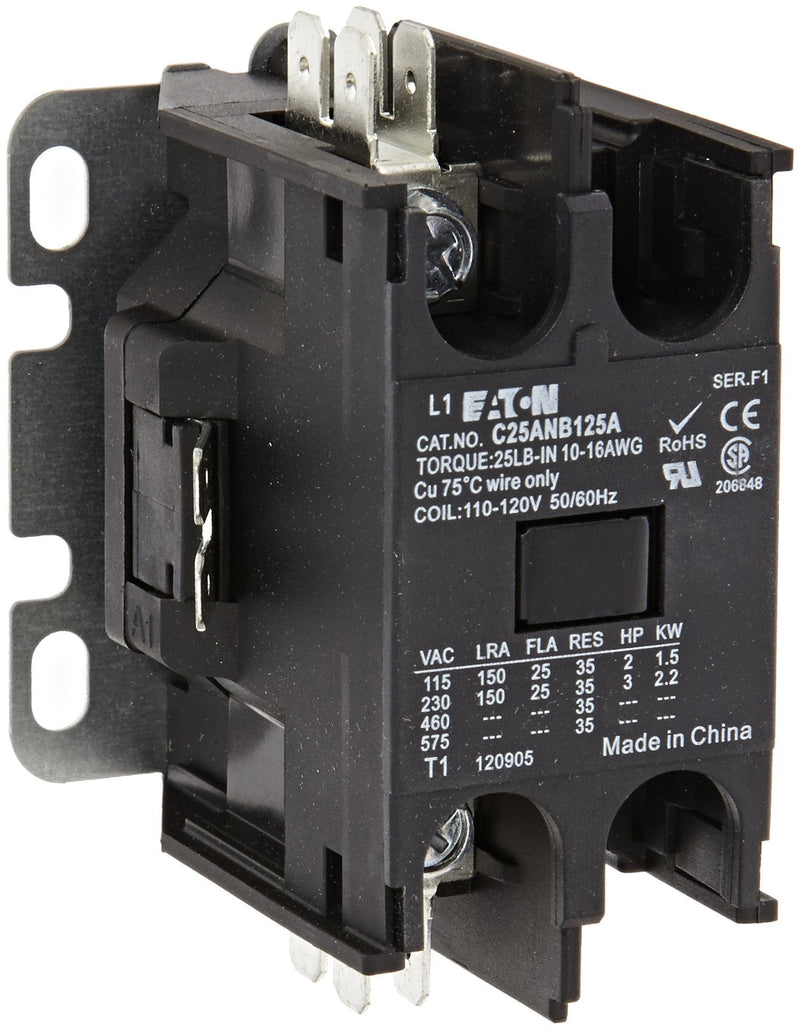 Eaton C25ANB125A Compact Definite Purpose Contactor, 1 Pole, Binding Head Screws, Quick Connect Terminals, 25A Inductive Current Rating, 2 Max HP Rating at 115V, 3 Max HP Rating at 230V, 120VAC Coil Voltage
