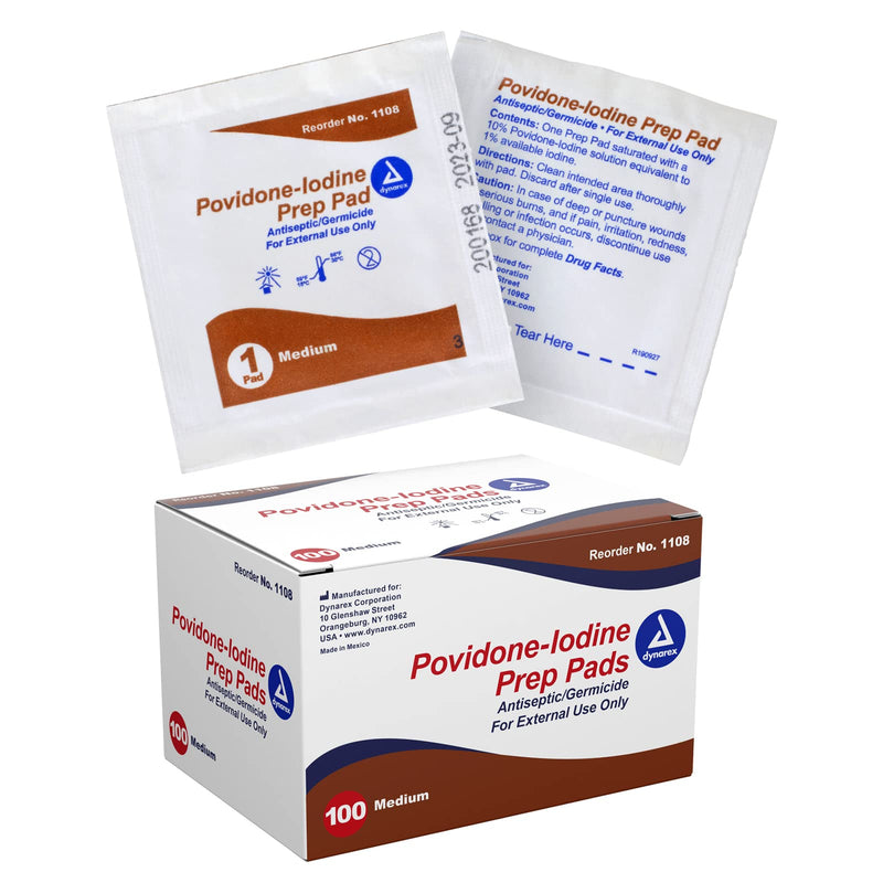 Dynarex Povidone-Iodine Prep Pads, Saturated with Povidone Iodine 10%, Medical-Grade Antiseptic Wipes Used for Prepping Prior Minor Procedures, Medium, 1 Case of 100 Prep Pads 100 Count (Pack of 1)