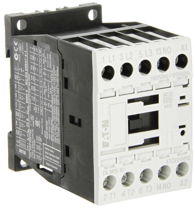 Eaton XTCE015B10A XT-IEC Contactor and Starter, 45mm, 15.5A AC-3 Current Rating, 3 Max HP at 230VAC, 10 Max HP at 460VAC, 10 Max HP at 575VAC, 120VAC Coil Voltage