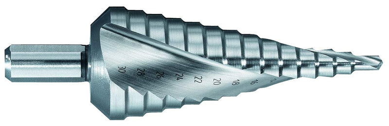 TIVOLY - HSS Helical Step Cone Drill Bit - Drilling Steel and Plastics - Self-Centering Tip - 3-Flat Shank - High Performance - Ø5/16"- 1 3/16"