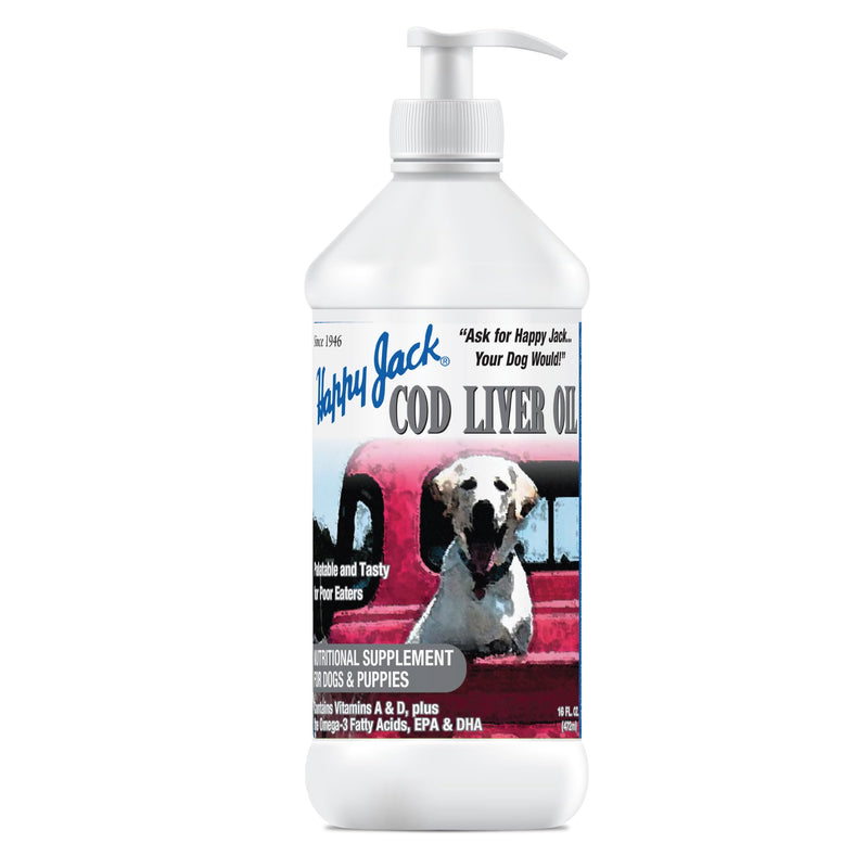 Happy Jack Cod Liver Fish Oil for Dogs Skin and Coat Supplement, Brain, Eyes, Bones, Hip, Joint, Heart & Immune System Health, Energy Booster (16 oz), Omega 3 with EPA & DHA, Vitamin A & D - PawsPlanet Australia