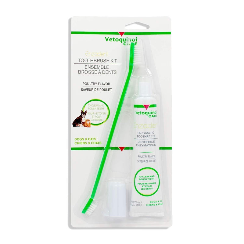 Vetoquinol Enzadent Enzymatic Toothpaste Kit + Fingerbrush & Dual-End Toothbrush for Cats & Dogs – 3.2 oz, Poultry Flavor – Oral Dental Care Kit: Removes Plaque, Polishes Teeth & Freshens Breath - PawsPlanet Australia
