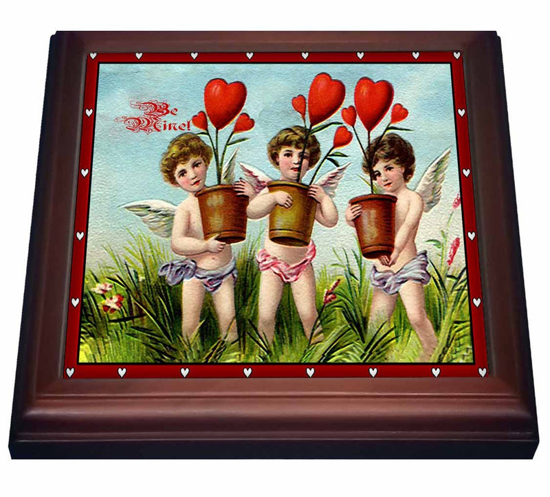 3dRose Three Cupid Kids Holding Heart Plants Textured and Vintage) Trivet with Ceramic Tile, 8 by 8", Brown