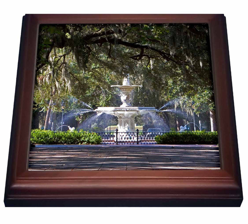 3dRose trv_89316_1 Water fountain Forsyth Park Savannah Georgia US11 DFR0070 Trivet with Ceramic Tile, 8 x 8", Natural