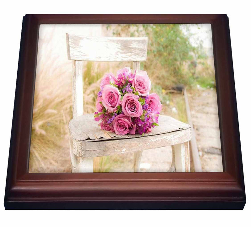 3dRose Shabby Chic Image with Country Chair N Pink Roses Trivet with Ceramic Tile, 8 by 8", Brown