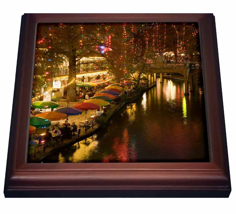3dRose USA, Texas, San Antonio Riverwalk Area / Evening US44 WBI0260 Walter Bibikow Trivet with Ceramic Tile, 8 by 8", Brown