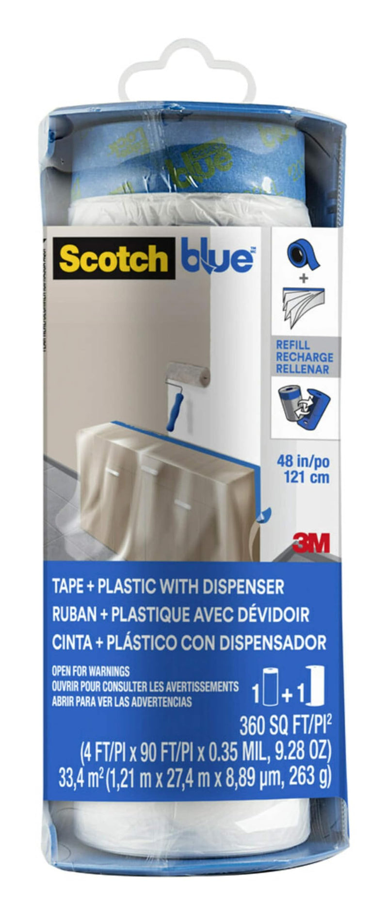 ScotchBlue Pre Plastic Painters Tape with Bladed Dispenser, 48 in x 30yd, Tape & Masking Film Combined in One Product, Static Cling to Stay in One Place, No Residue Masking Tape (PTD2093EL-48-S) 48" Width With Dispenser