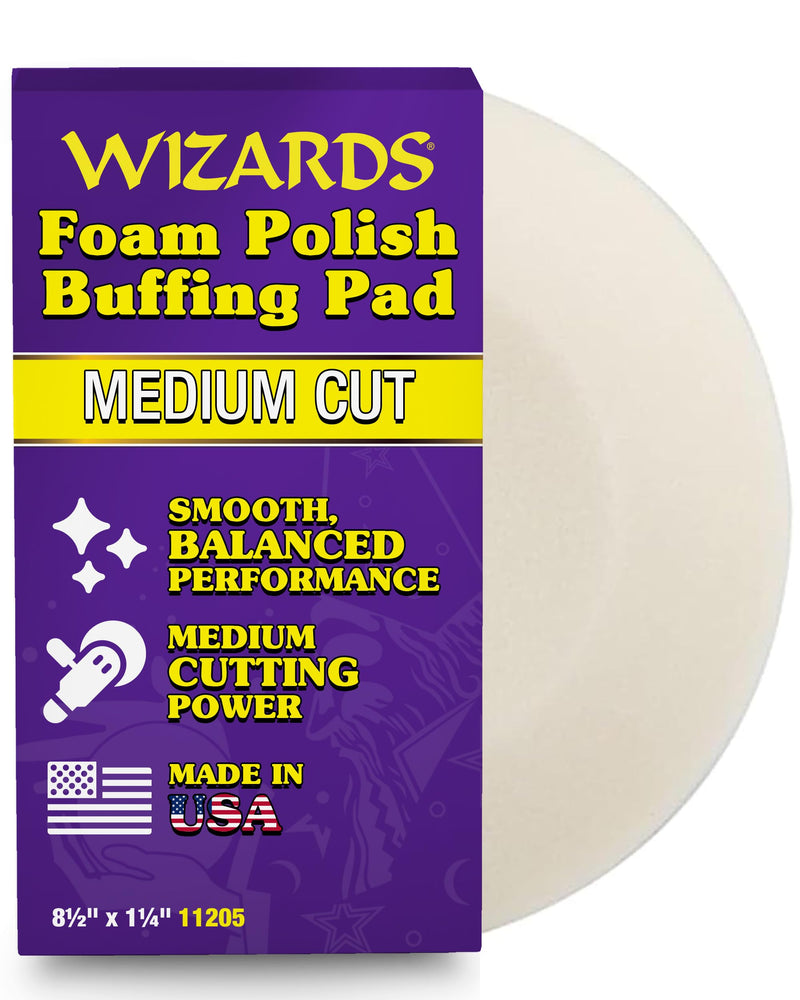 Wizards Foam Polish Buffing Pad - Velcro Backed, Medium Cutting Foam Pad for Car Detailing - ‎No Splatter High Density Foam for Auto Detailing Supplies - 8½" x 1¼" Foam Polish Buff Pad