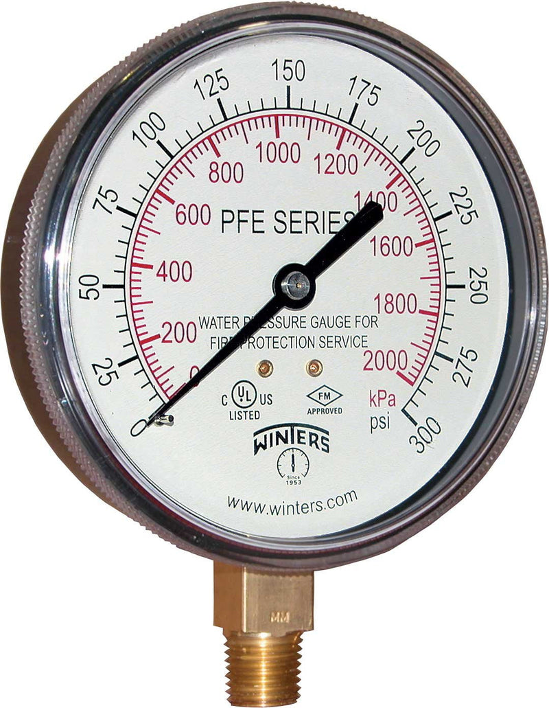 Winters PFE Series Dual Scale Sprinkler Pressure Gauge, 3-1/2" Dial, 0-300 psi/kPa Range, +/-3-2-3% Accuracy, 1/4" Male NPT Bottom Connection, For Water Media