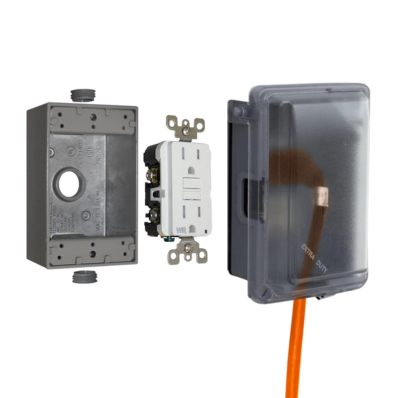 16801 Non-Metallic Weatherproof Outdoor Electrical Outlet Kit w/Extra Duty Cover, Box and 15 Amp GFCI Receptacle, IN-USE, Clear/Gray, 1 Gang, Lockable with Patented Hinge