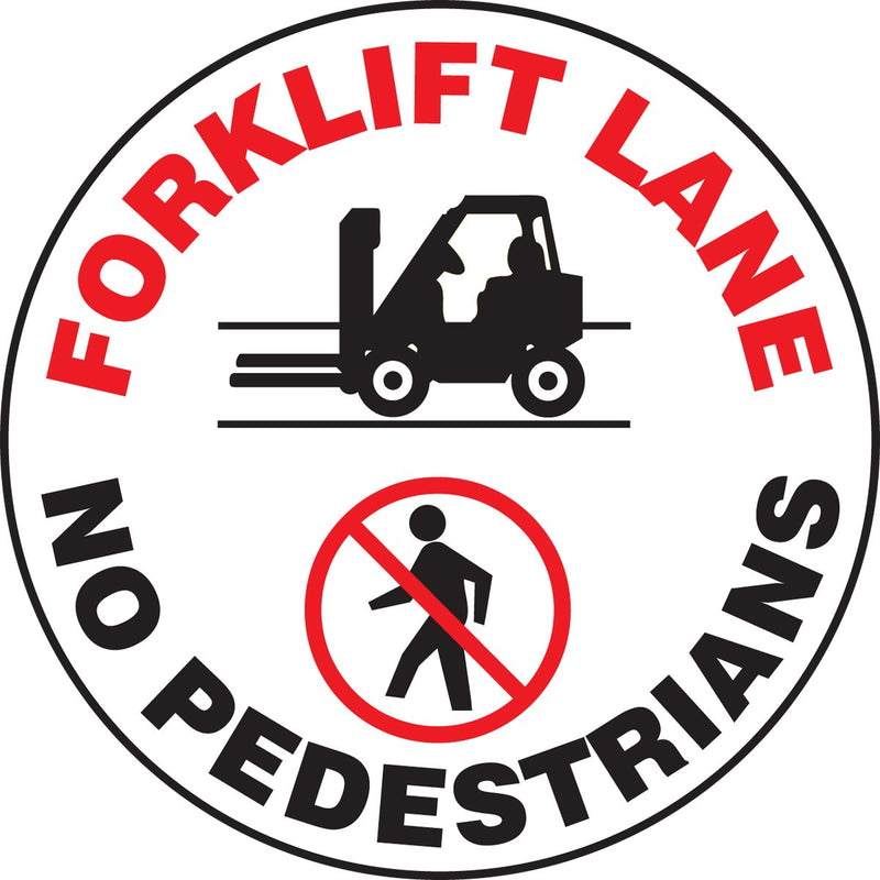 AccuformNMC Floor Sign "Forklift Lane No Pedestrians" with Symbols, 17" Diameter Non-Slip Adhesive Vinyl Forklift Sign, Red/Black on White, Made in the USA, MFS747 Forklift Lane 17"