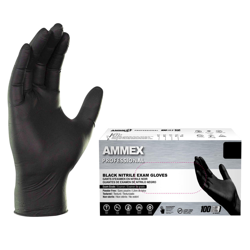 AMMEX Black Nitrile Exam Gloves, Box of 100, 3 Mil, Size Large, Latex Free, Powder Free, Textured, Disposable, Non-Sterile, Food Safe, ABNPF46100BX Large (Pack of 100)