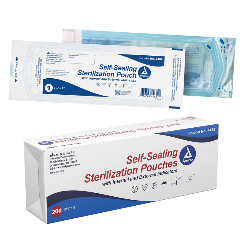 Dynarex Sterilization Pouches - Self-Sealing Autoclave Bags for Medical, Dental, Tattoo & Nail Care Tools - Blue-Tinted Transparent Cover, Dual Color Indicators - 3.5" x 9", 1 Box of 200 3.5" x 9"