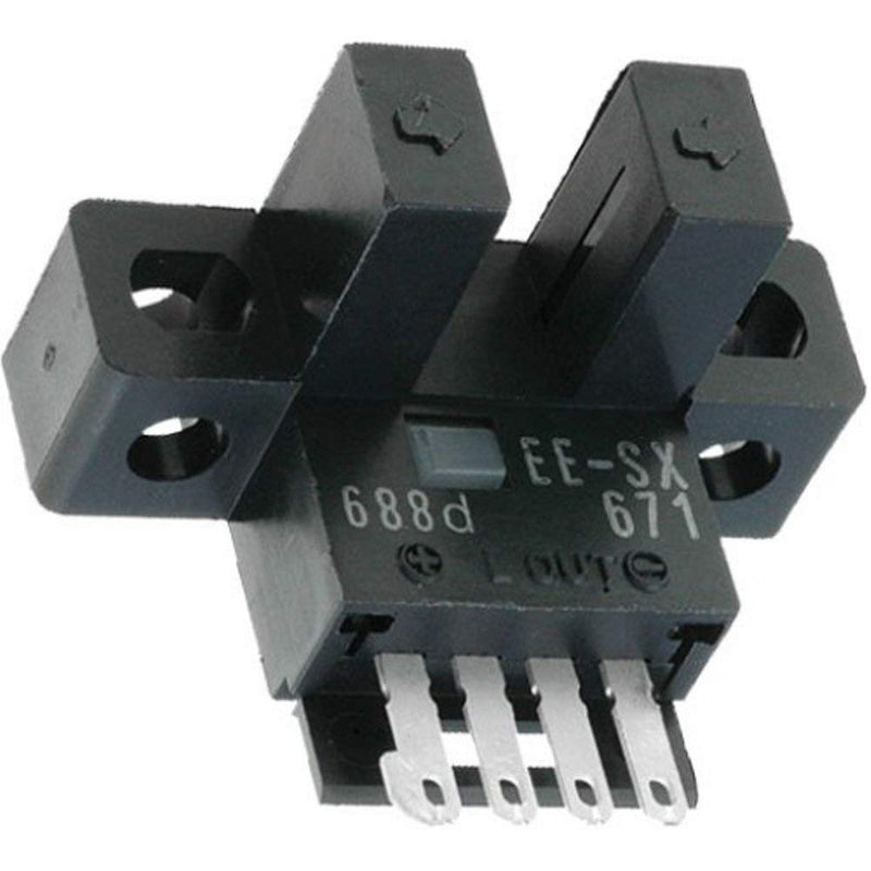 OMRON EE-SX671 4 POLES, 5 MM (SLOT WIDTH) SENSING DISTANCE, DARK-ON/LIGHT-ON (SELECTABLE) OUTPUT CONFIGURATION, INCIDENT LIGHT, L-SHAPED, NON-MODULATED, NPN OUTPUT, PHOTOMICROSENSOR, SLOT-TYPE, THROUG