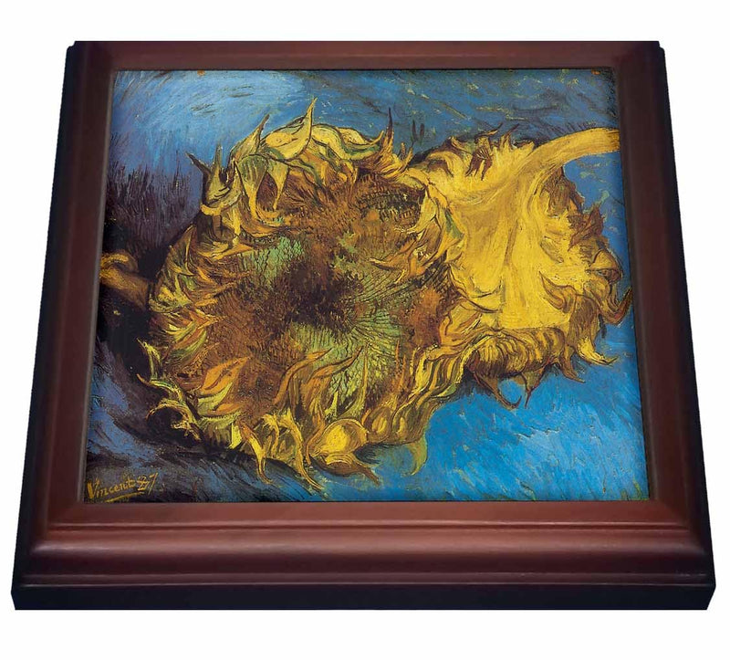 3dRose Two Cut Sunflowers by Vincent Van Gogh Trivet with Ceramic Tile, 8 by 8", Brown