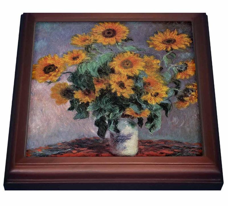 3dRose Sunflowers by Claude Monet Impressionist Still Life Trivet with Ceramic Tile, 8 by 8", Brown