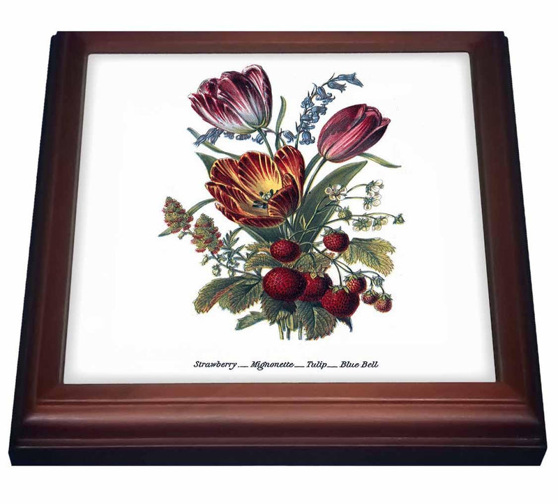 3dRose Vintage Flowers Strawberry Mignonette Tulip Blue Bells Trivet with Ceramic Tile, 8 by 8", Brown