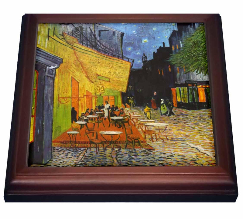 3dRose Cafe Terrace at Night by Vincent Van Gogh-1888-Restaurant French Street Painting Trivet with Ceramic Tile, 8 by 8", Brown