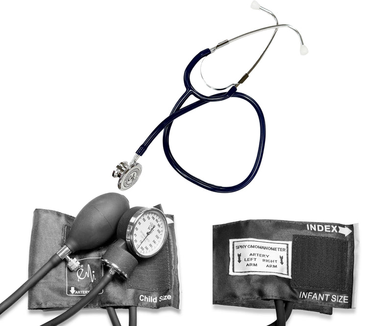 EMI #311 Pediatric 3-Piece Combination Set – Includes Pediatric Aneroid Sphygmomanometer, Infant Aneroid Sphygmomanometer, and Basic Dual Head Stethoscope - Black