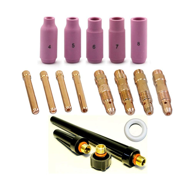WeldingCity TIG Welding Accessory Kit (.040"-1/16"-3/32"-1/8") Collet-Collet Body-Ceramic Cup-Gasket-Back Cap for Torch 17, 18 and 26 Series Lincoln Miller Hobart ESAB Weldcraft CK AHP (T5) 17-pcs (.040"-1/8")