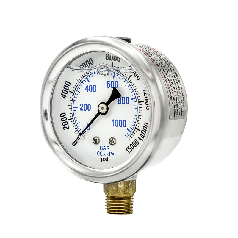 PIC Gauges PRO-201L-254V 0-15000 PSI Pressure Gauge, 2 1/2" Dial, 1/4" Male NPT Connection, Bottom Mount, Dual Scale, Glycerin Filled, Stainless Steel Case/Bezel, Brass Internals & Plastic Lens, -30/0/30 2.5"