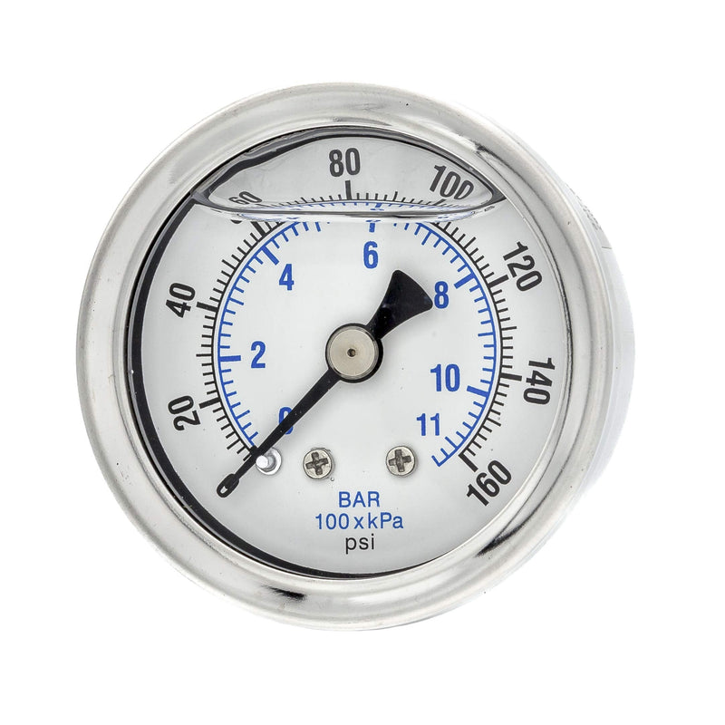 PIC Gauges 202L-158F Center Back Mount Glycerine Filled Pressure Gauge w/ SS Case/Bezel, Brass Internals, PC Lens, 1.5" Dial, 0/160 psi Range, 1/8" Male NPT 0 - 160 PSI